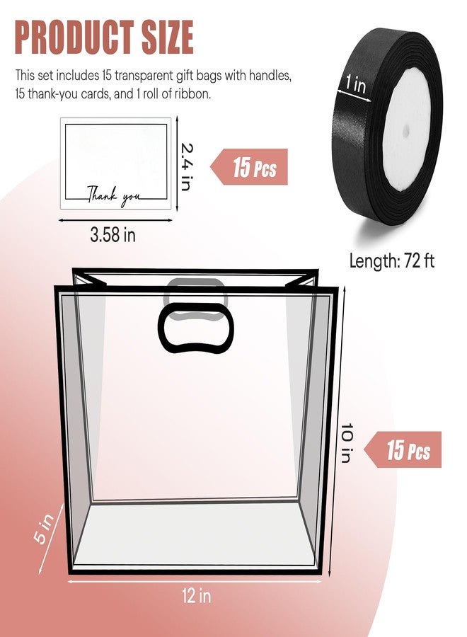 Philbinden 15Pack Clear Plastic Gift Bags with Handle,Reusable PP Gift Wrap Tote Bags with Ribbon Card for Wedding Bridal Birthday Party Baby Shower Goodies Graduation Shopping Business, 12x10x5Inch (black, large) - Image 2